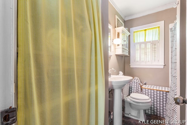full bath with toilet, ornamental molding, and a sink