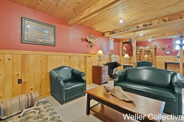 9090 E 32nd Rd, Cadillac, MI 49601 - living room with wooden walls, carpet flooring, wooden ceiling, and a wainscoted wall