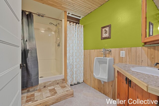 9090 E 32nd Rd, Cadillac, MI 49601 - full bath featuring wood walls, a shower with shower curtain, and a wainscoted wall