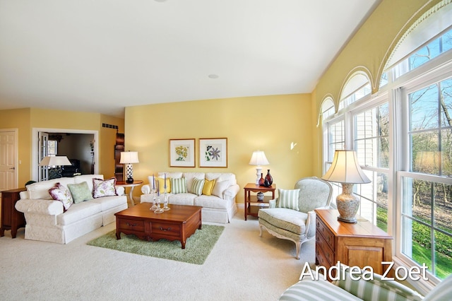 living area with visible vents and carpet floors