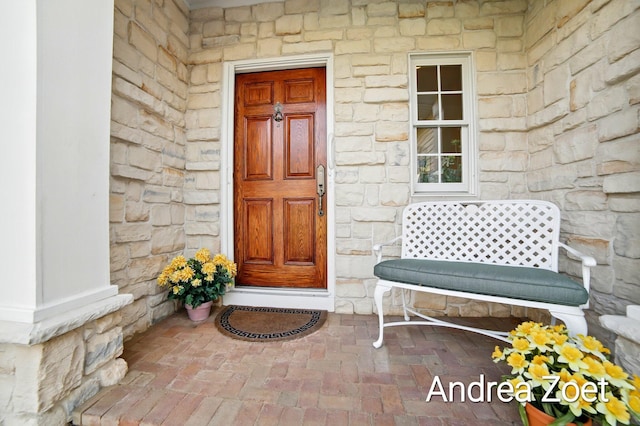 doorway to property with stone siding