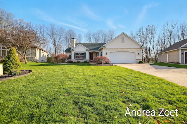 ranch-style house with a chimney, driveway, stone siding, a front yard, and an attached garage