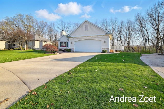 view of front facade featuring driveway, stone siding, a chimney, a front yard, and a garage