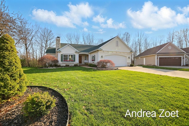 ranch-style house featuring a chimney, a garage, a front yard, and concrete driveway