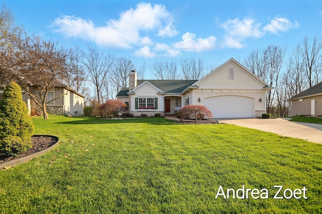 single story home featuring a front yard, a garage, stone siding, a chimney, and concrete driveway