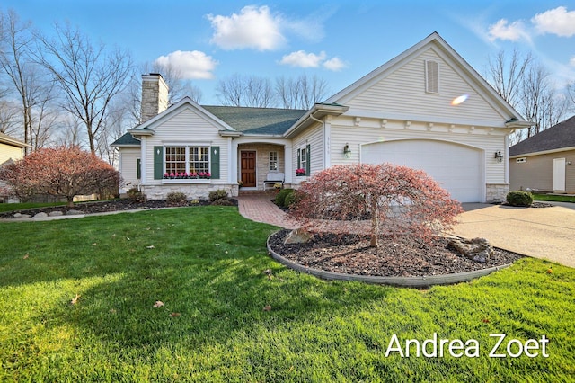 ranch-style home featuring a front yard, stone siding, a chimney, concrete driveway, and an attached garage