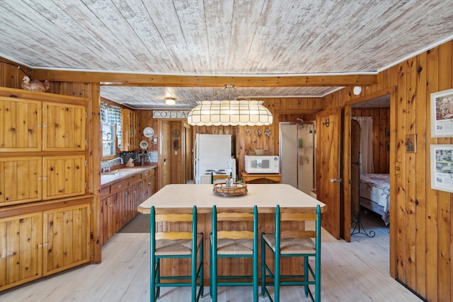 kitchen with wood ceiling, wooden walls, and white appliances