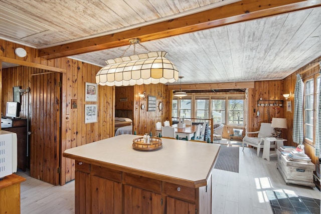kitchen with a healthy amount of sunlight, wood walls, and wooden ceiling