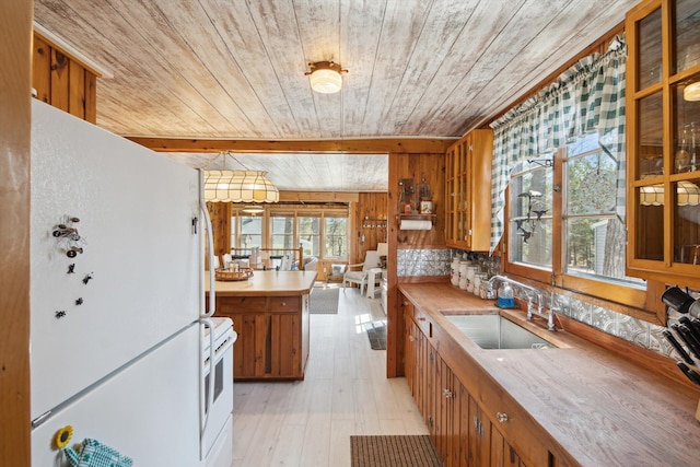 kitchen featuring a sink, white appliances, wood ceiling, brown cabinetry, and light countertops