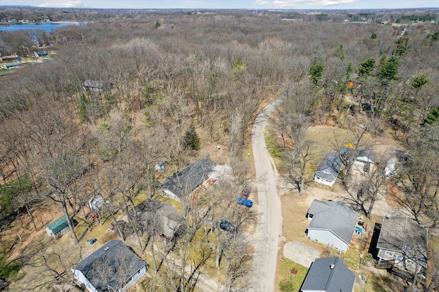 bird's eye view with a view of trees and a water view