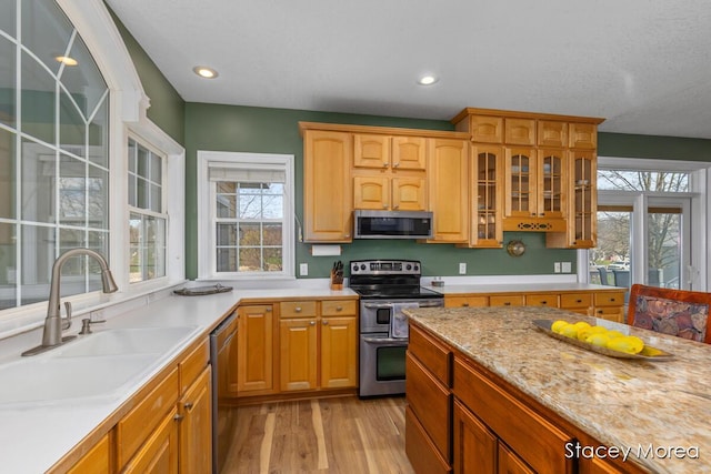 7174 Loma Linda Dr, Rockford, MI 49341 - kitchen featuring stainless steel appliances, a sink, plenty of natural light, glass insert cabinets, and recessed lighting
