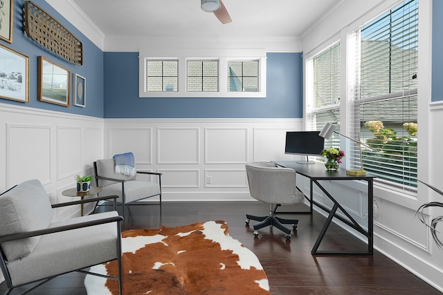 office space featuring crown molding, a wainscoted wall, and a decorative wall