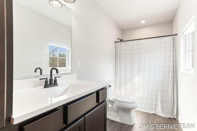 bathroom with toilet, vanity, wood finished floors, and curtained shower