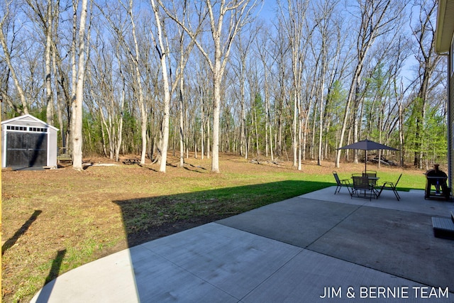 view of yard featuring a patio area, an outbuilding, and a storage shed