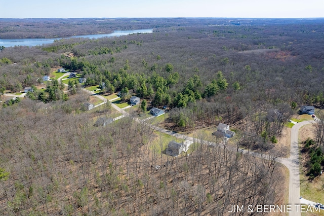 drone / aerial view featuring a view of trees and a water view
