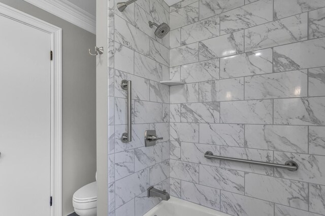 9315 Kingsley Dr, Onsted, MI 49265 - bathroom featuring crown molding, toilet, and shower / washtub combination
