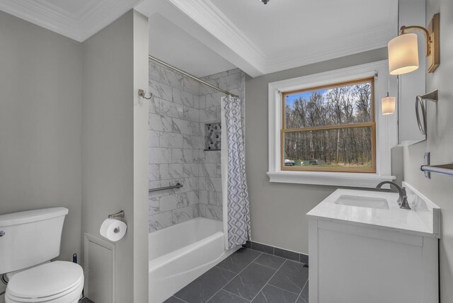 9315 Kingsley Dr, Onsted, MI 49265 - bathroom featuring vanity, toilet, baseboards, shower / bath combo with shower curtain, and marble finish flooring
