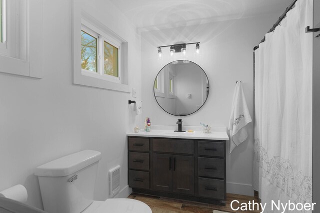 2233 Mills Ave, Muskegon, MI 49445 - bathroom with vanity, toilet, wood finished floors, and visible vents