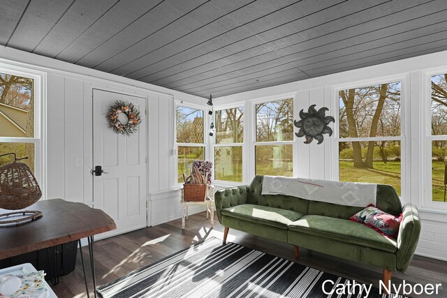 2233 Mills Ave, Muskegon, MI 49445 - sunroom / solarium featuring wooden ceiling, an outdoor living space, a decorative wall, and wood finished floors