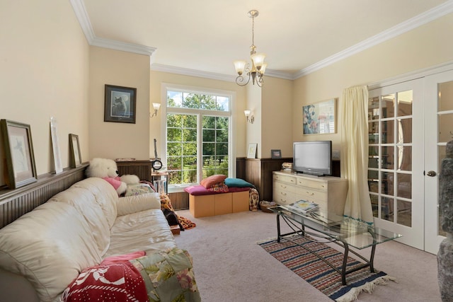 1280 Sylvan Rd, Chelsea, MI 48118 - carpeted living area with crown molding and a chandelier