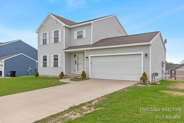 view of front of property with concrete driveway, a garage, and a front yard