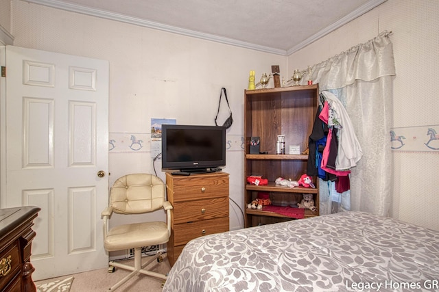 carpeted bedroom with ornamental molding