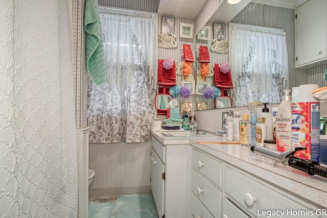 interior space featuring toilet, baseboards, and vanity