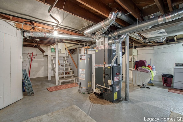 unfinished basement with washer / clothes dryer, heating unit, stairs, and water heater
