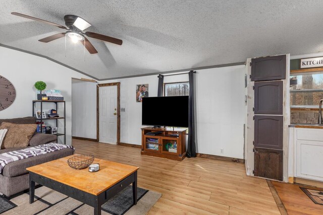 16788 David Ct, Mecosta, MI 49332 - living room featuring vaulted ceiling, a textured ceiling, a ceiling fan, and light wood-type flooring