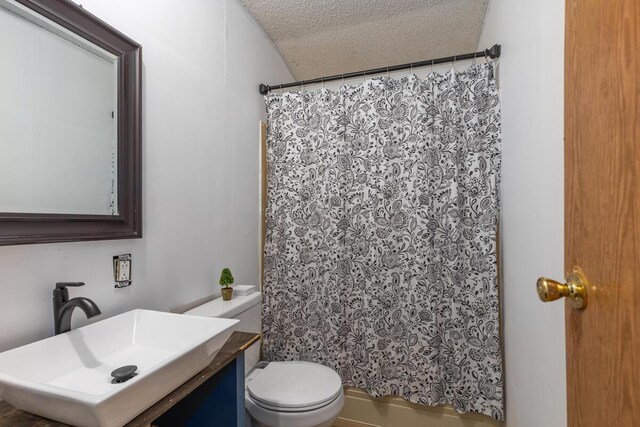 16788 David Ct, Mecosta, MI 49332 - full bathroom with shower / bath combo, vanity, a textured ceiling, and toilet