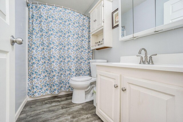 53746 Stevens Ln, Three Rivers, MI 49093 - bathroom with toilet, wood finished floors, vanity, and curtained shower