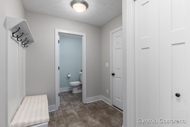 11325 Wake Dr, Allendale, MI 49401 - mudroom featuring a textured ceiling, baseboards, and dark wood-type flooring