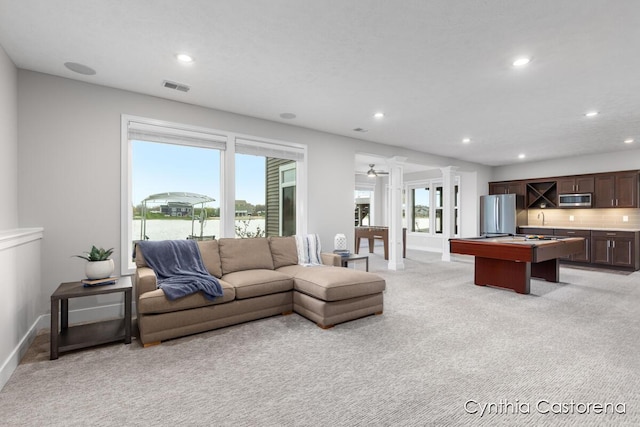 11325 Wake Dr, Allendale, MI 49401 - living room with visible vents, recessed lighting, billiards, and light colored carpet