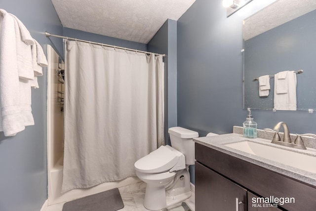 bathroom featuring a textured ceiling, shower / bath combo, vanity, toilet, and marble finish floor