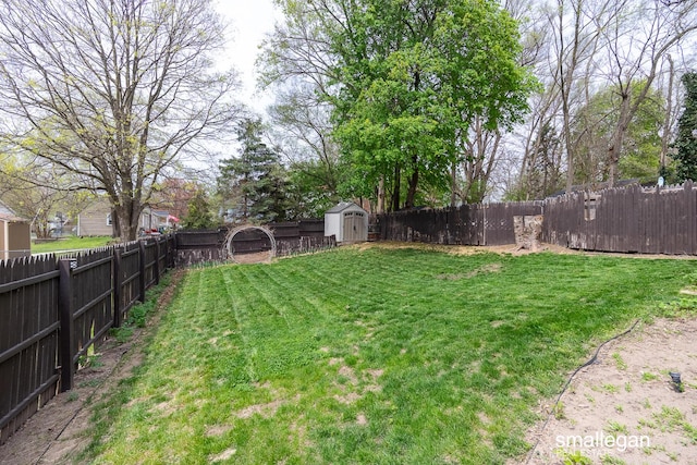 view of yard featuring an outbuilding, a fenced backyard, and a storage unit