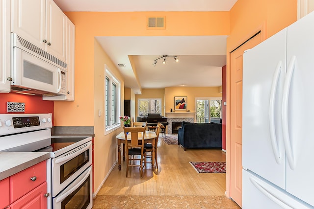 285 Mulholland Ave, Ann Arbor, MI 48103 - kitchen with a warm lit fireplace, visible vents, light wood-style flooring, white appliances, and open floor plan