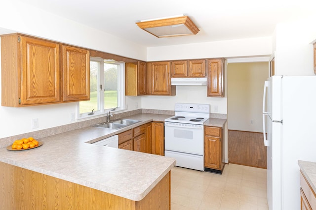 3126 Fairhaven Ct, Ann Arbor, MI 48105 - kitchen featuring a sink, light countertops, light floors, under cabinet range hood, and white appliances