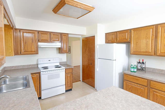 3126 Fairhaven Ct, Ann Arbor, MI 48105 - kitchen with brown cabinets, a sink, white appliances, light countertops, and under cabinet range hood