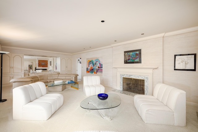 1060 Chestnut St, Ann Arbor, MI 48104 - living area with a fireplace, crown molding, and carpet flooring