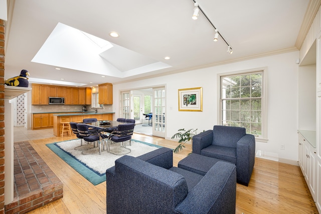 1060 Chestnut St, Ann Arbor, MI 48104 - living area with crown molding, light wood-style floors, recessed lighting, track lighting, and a skylight