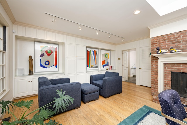 1060 Chestnut St, Ann Arbor, MI 48104 - living room featuring crown molding, rail lighting, hardwood / wood-style flooring, and a fireplace