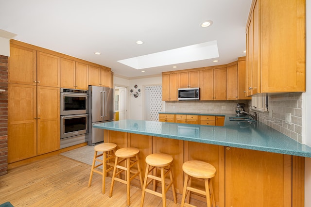 1060 Chestnut St, Ann Arbor, MI 48104 - kitchen featuring a skylight, appliances with stainless steel finishes, light wood finished floors, a sink, and a peninsula