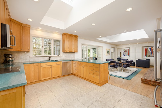 1060 Chestnut St, Ann Arbor, MI 48104 - kitchen with light tile patterned floors, a sink, appliances with stainless steel finishes, a raised ceiling, and a skylight