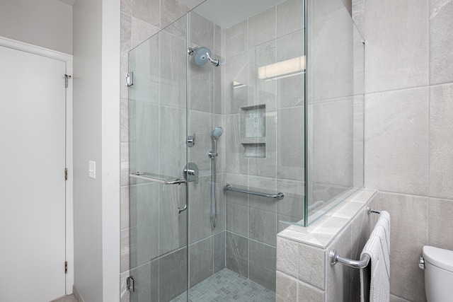 1060 Chestnut St, Ann Arbor, MI 48104 - full bathroom featuring toilet, tile walls, and a shower stall