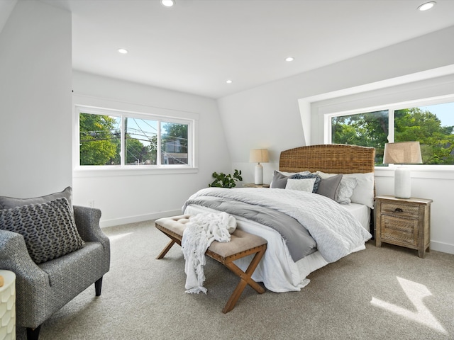 carpeted bedroom with baseboards and recessed lighting