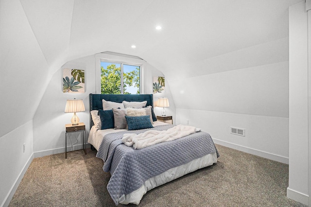 carpeted bedroom with recessed lighting, visible vents, lofted ceiling, and baseboards