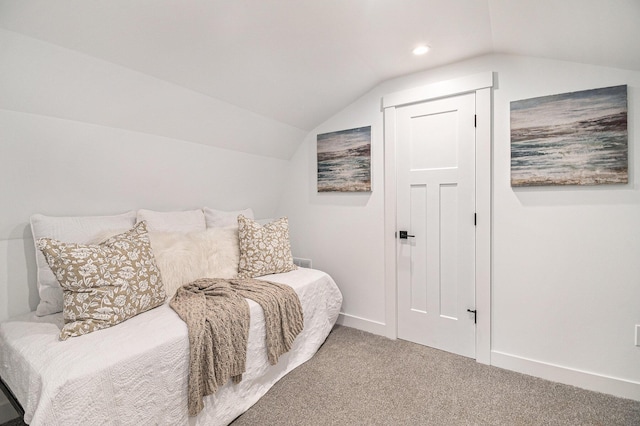 bedroom with lofted ceiling, baseboards, recessed lighting, and carpet floors