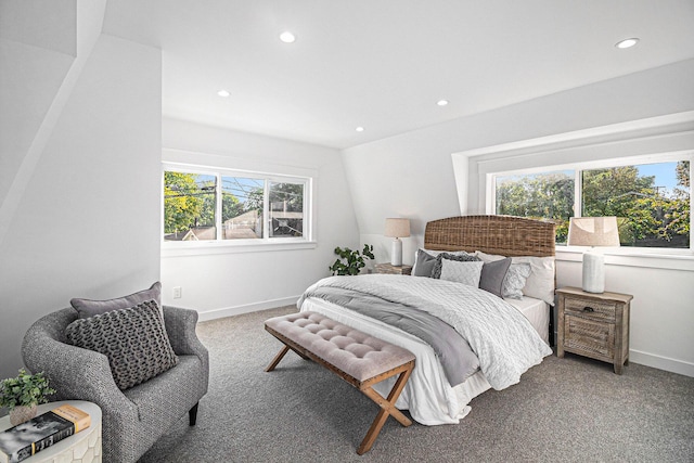 carpeted bedroom featuring recessed lighting and baseboards
