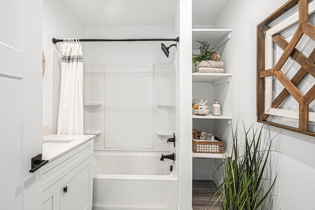full bath with wood finished floors, vanity, and shower / bath combination with curtain