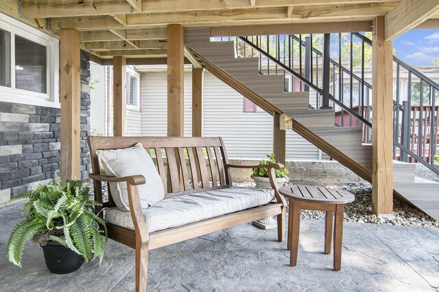 view of patio / terrace featuring stairs